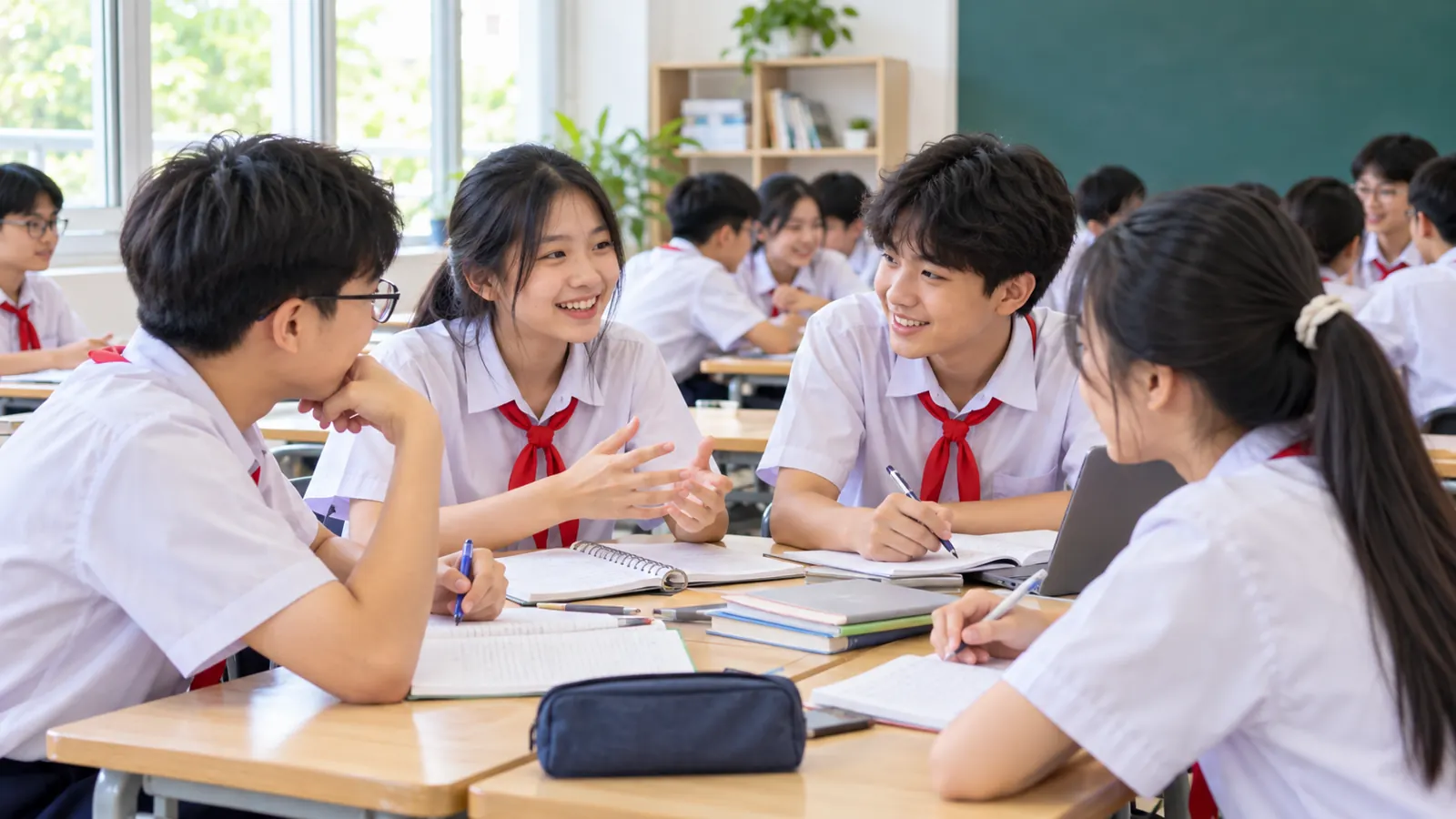 Minh họa học sinh THCS cùng nhau học tập và trao đổi
